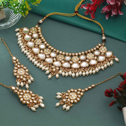 White Color Graceful Royal Design Back Side Meena Work Kundan Necklace Set For Elegant Events