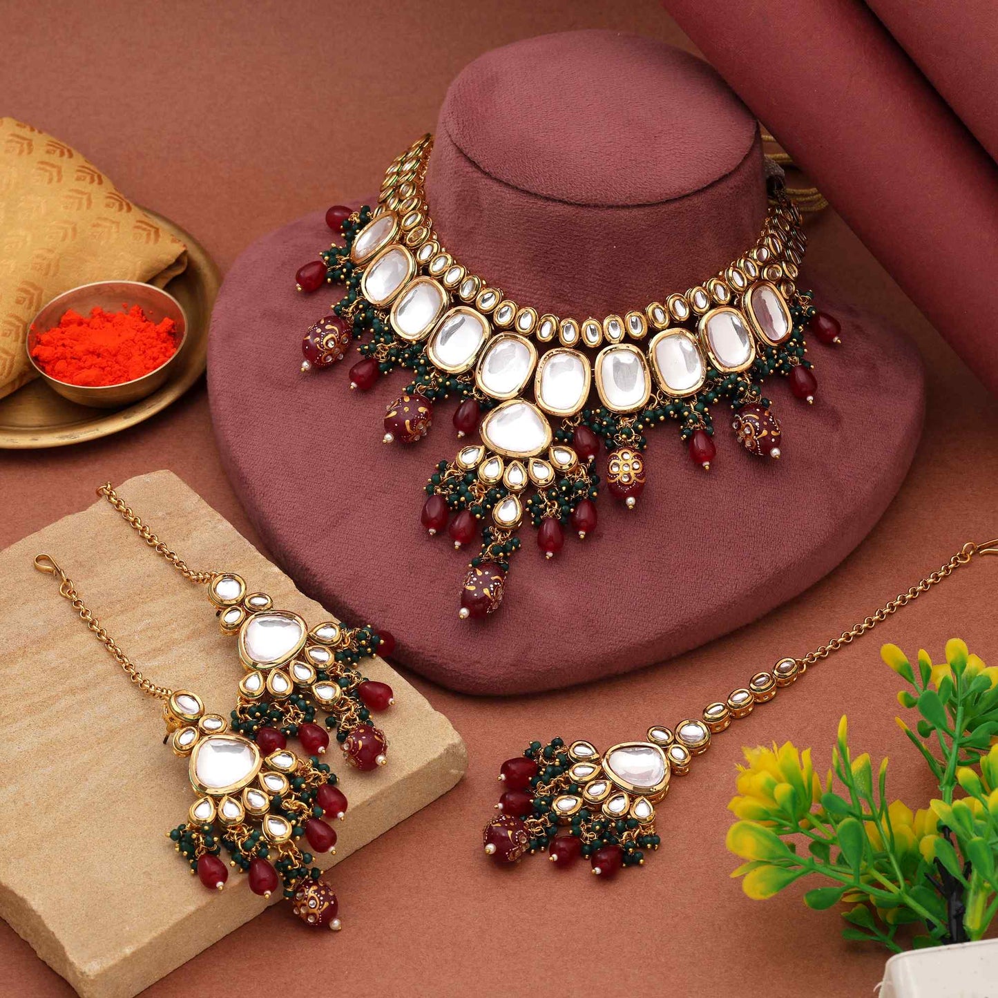 Maroon & Green Color Beautifully Crafted Back Side Meena Work Kundan Necklace Set For Wedding Style