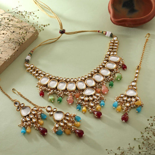 Multi Color Radiant Festival Wear Back Side Meena Work Kundan Necklace Set For Traditional Attire