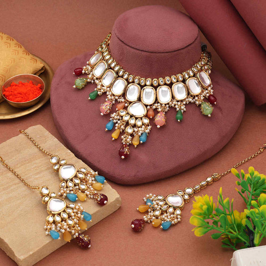Multi Color Radiant Festival Wear Back Side Meena Work Kundan Necklace Set For Traditional Attire