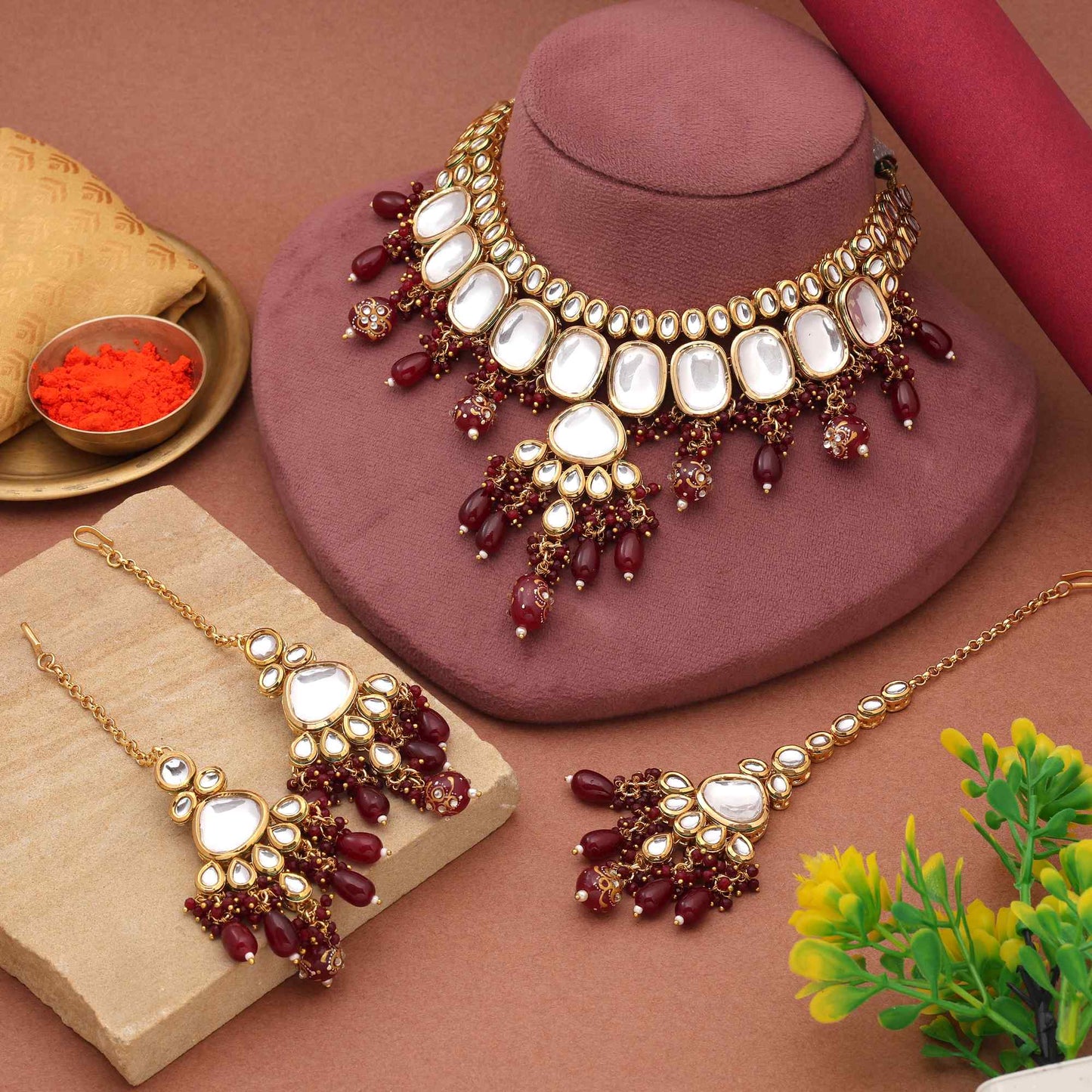Maroon Color Classic Indian Bridal Back Side Meena Work Kundan Necklace Set For Traditional Events