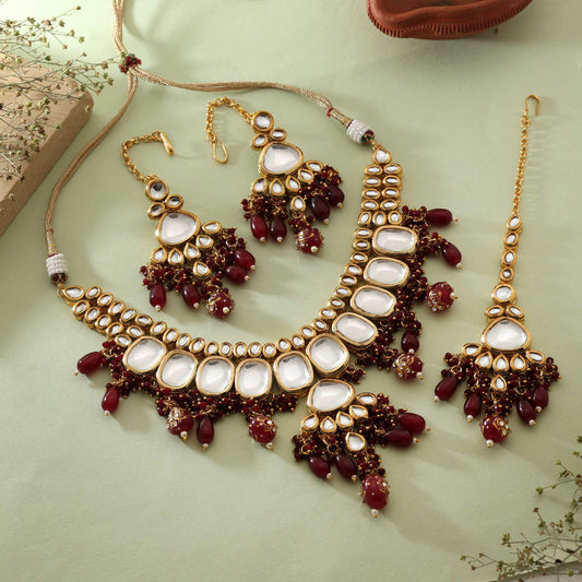 Maroon Color Classic Indian Bridal Back Side Meena Work Kundan Necklace Set For Traditional Events