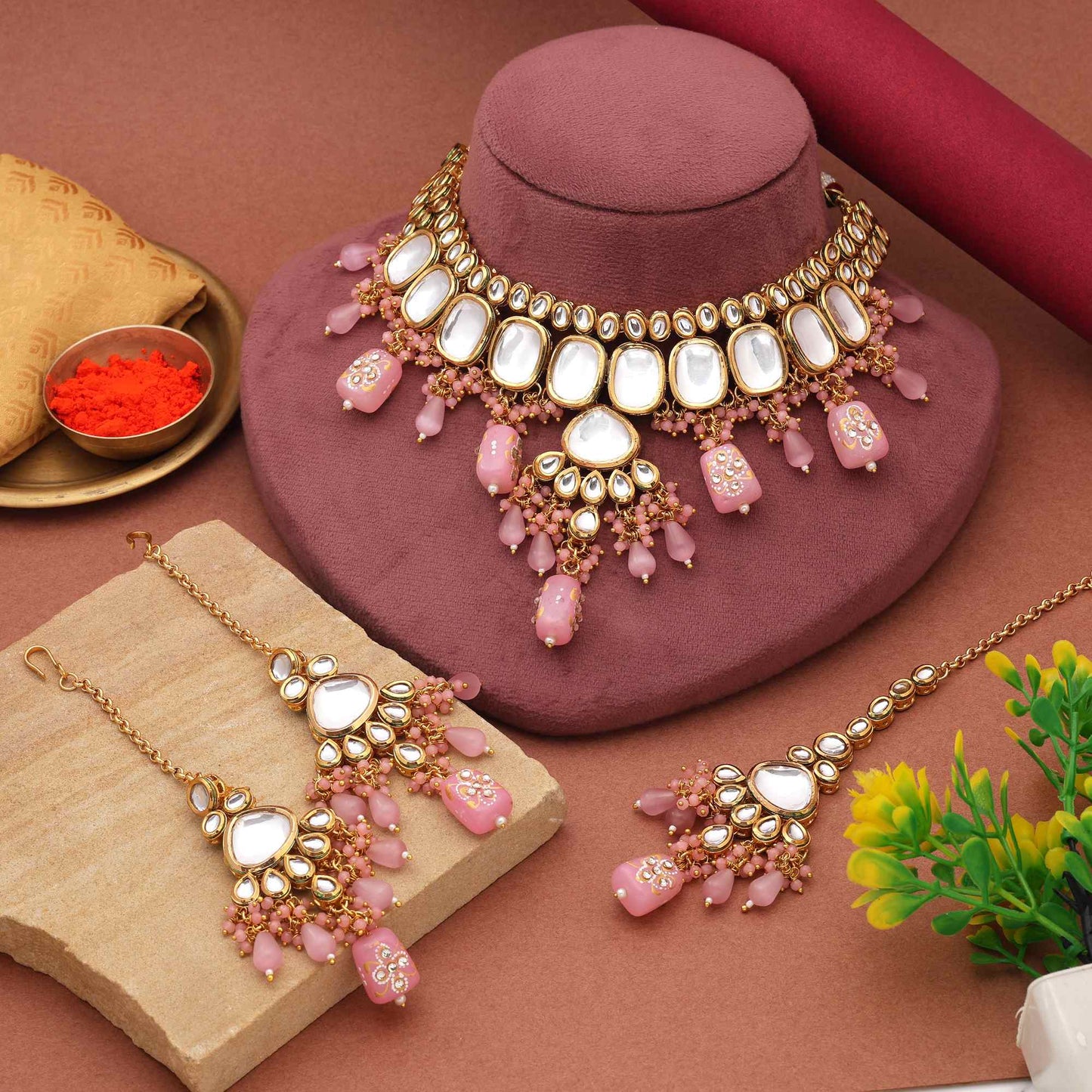 Pink Color Eye-Catching Ethnic Design Back Side Meena Work Kundan Necklace Set For Party Wear
