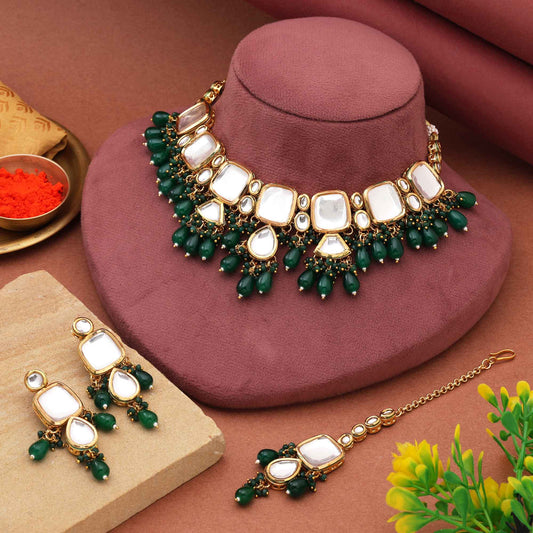 Green Color Regal Finish Designer Back Side Meena Work Kundan Necklace Set For Traditional Outfits