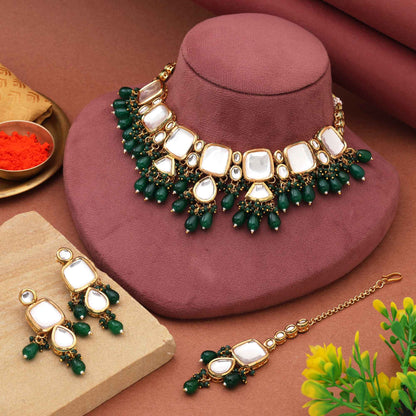 Green Color Regal Finish Designer Back Side Meena Work Kundan Necklace Set For Traditional Outfits