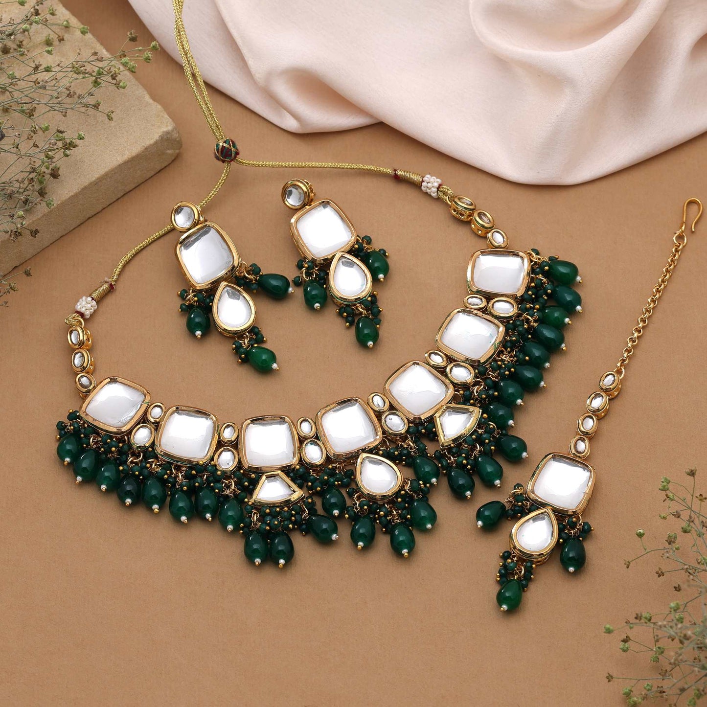 Green Color Regal Finish Designer Back Side Meena Work Kundan Necklace Set For Traditional Outfits