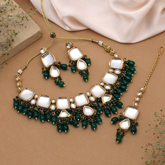 Green Color Regal Finish Designer Back Side Meena Work Kundan Necklace Set For Traditional Outfits