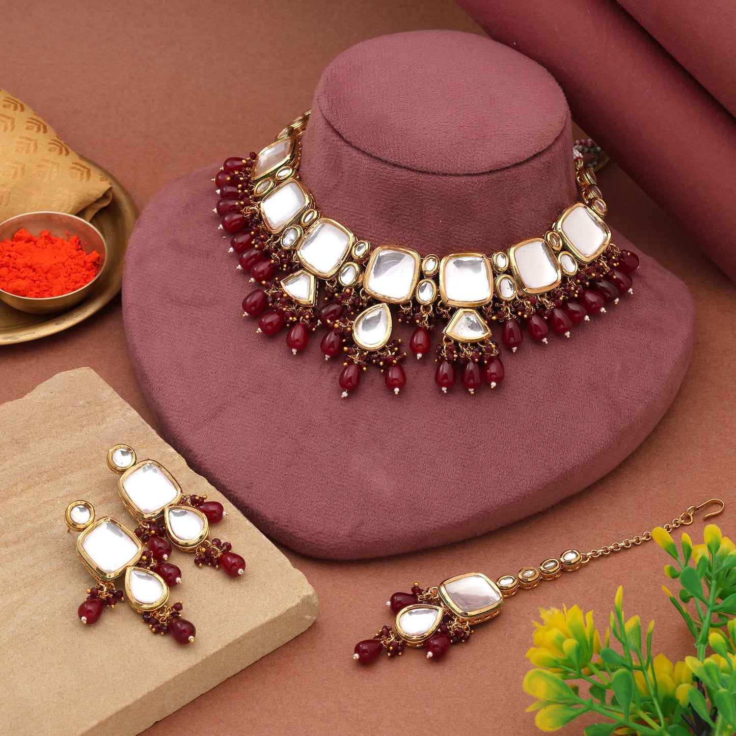 Maroon Color Antique Gold Plated Back Side Meena Work Kundan Necklace Set For Ethnic Styling