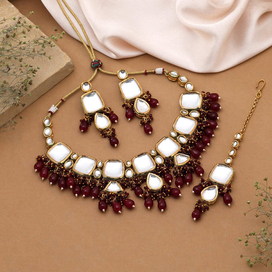 Maroon Color Antique Gold Plated Back Side Meena Work Kundan Necklace Set For Ethnic Styling