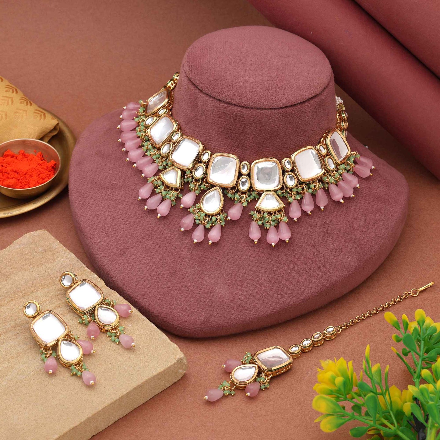 Pink Color Delicate Polished Design Back Side Meena Work Kundan Necklace Set For Women’S Fashion