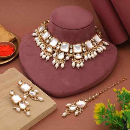White Color Premium Bridal Inspired Back Side Meena Work Kundan Necklace Set For Wedding Wear