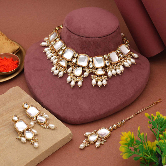White Color Premium Bridal Inspired Back Side Meena Work Kundan Necklace Set For Wedding Wear