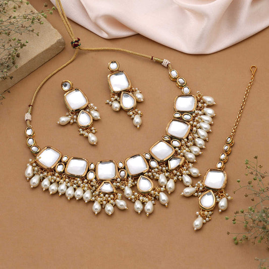 White Color Premium Bridal Inspired Back Side Meena Work Kundan Necklace Set For Wedding Wear