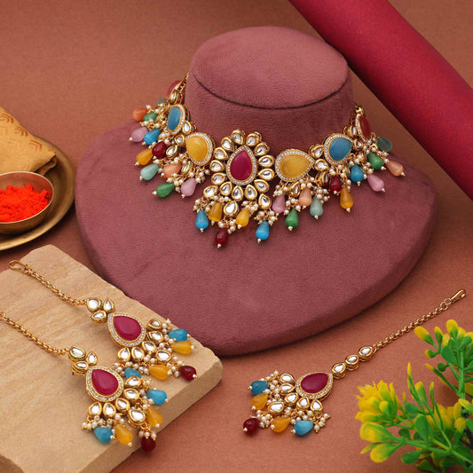 Multi Color Traditional Bridal Heavy Work Kundan Necklace Set For Grand Wedding Look