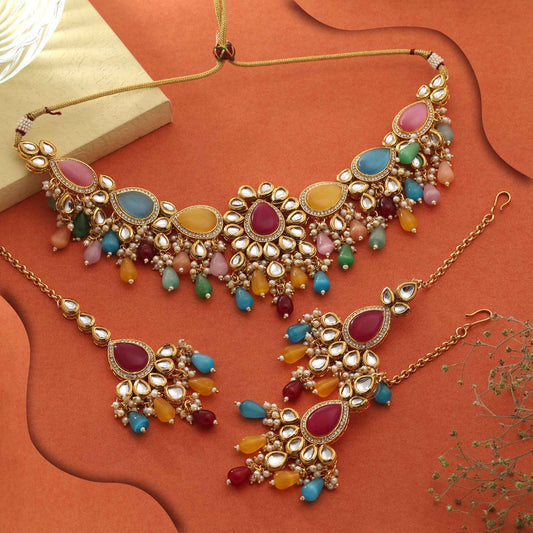 Multi Color Traditional Bridal Heavy Work Kundan Necklace Set For Grand Wedding Look