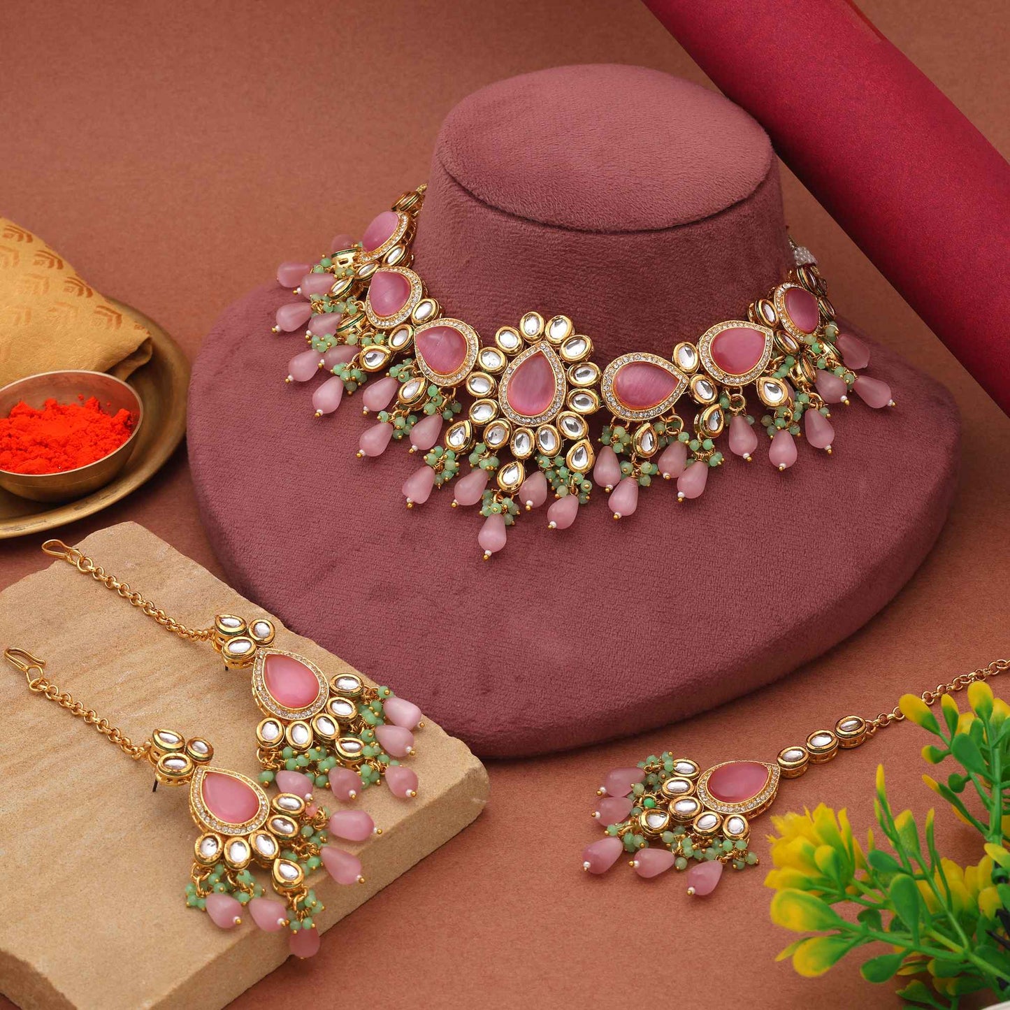 Pink Color Ethnic Bridal Inspired Designer Kundan Necklace Set For Women’S Festive Look