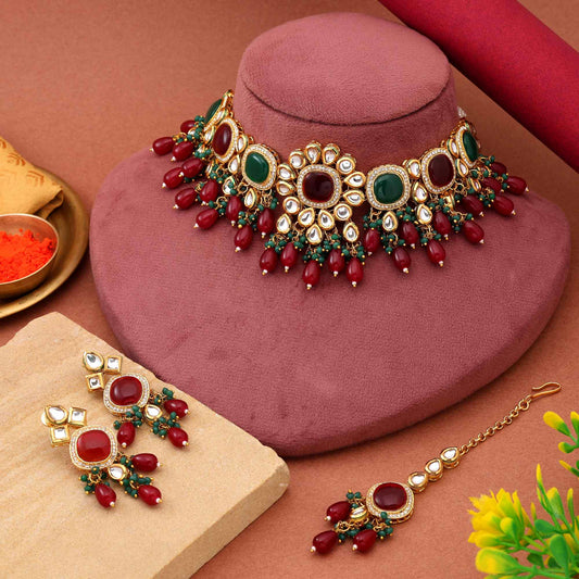 Maroon & Green Color Choker Heavy Bridal Back Side Meena Work Kundan Necklace Set For Weddings