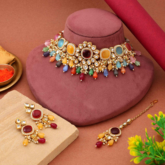 Multi Color Choker Traditional Style Back Side Meena Work Kundan Necklace Set For Bridal Wear