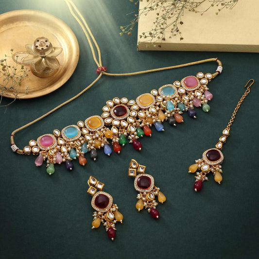 Multi Color Choker Traditional Style Back Side Meena Work Kundan Necklace Set For Bridal Wear