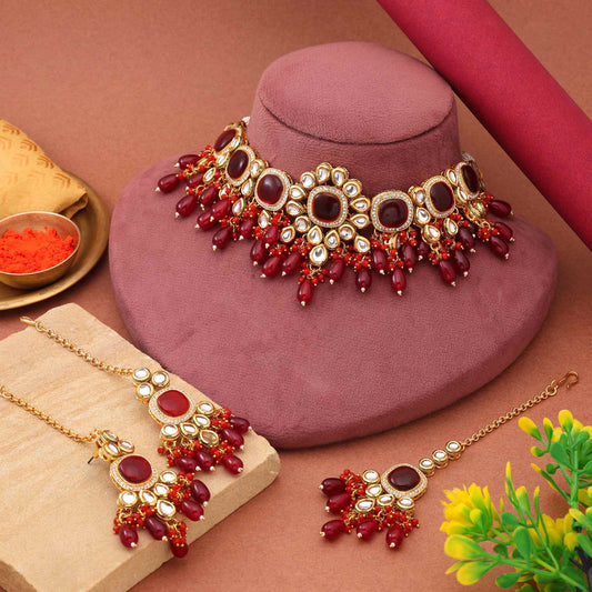 Maroon Color Choker Style Traditional Back Side Meena Work Kundan Necklace Set For Festive Events
