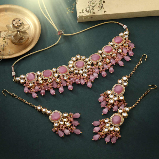 Pink Color Choker Style Bridal Back Side Meena Work Kundan Necklace Set For Elegant Look