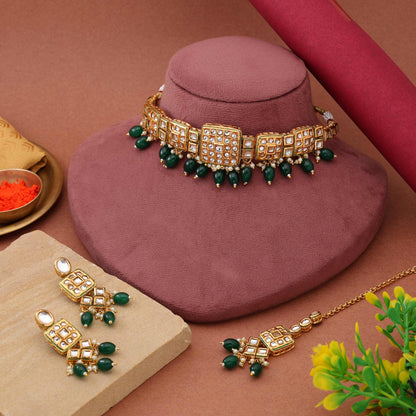 Green Color Choker Designer Bridal Back Side Meena Work Kundan Necklace Set For Grand Celebrations