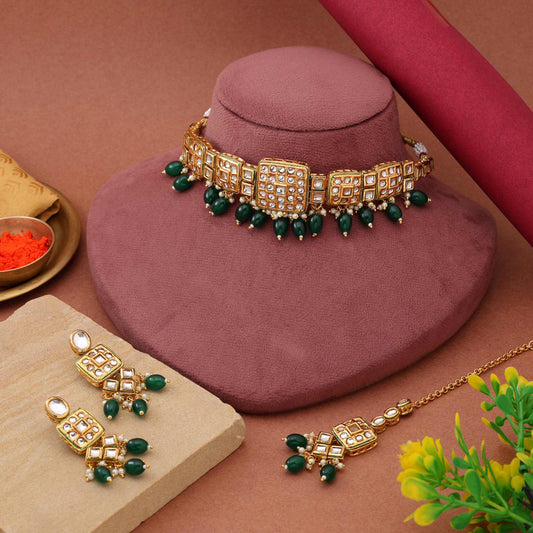 Green Color Choker Designer Bridal Back Side Meena Work Kundan Necklace Set For Grand Celebrations