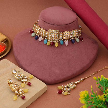 Multi Color Choker Beautiful Festival Wear Back Side Meena Work Kundan Necklace Set For Events