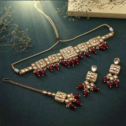 Maroon Color Choker Design Party Wear Back Side Meena Work Kundan Necklace Set For Women