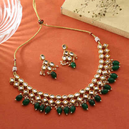 Green Color Traditional Festival Wear Designer Kundan Necklace Set For Brides And Women