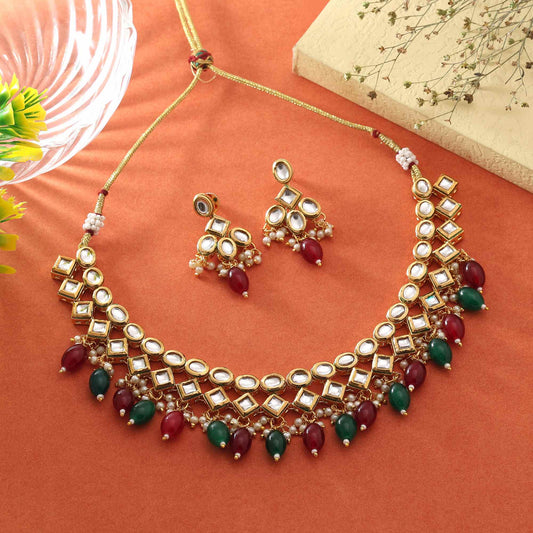 Maroon & Green Color Bridal Heavy Work Ethnic Kundan Necklace Set For Elegant Attire