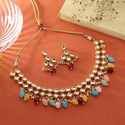 Multi Color Designer Handcrafted Bridal Style Kundan Necklace Set For Weddings And Functions
