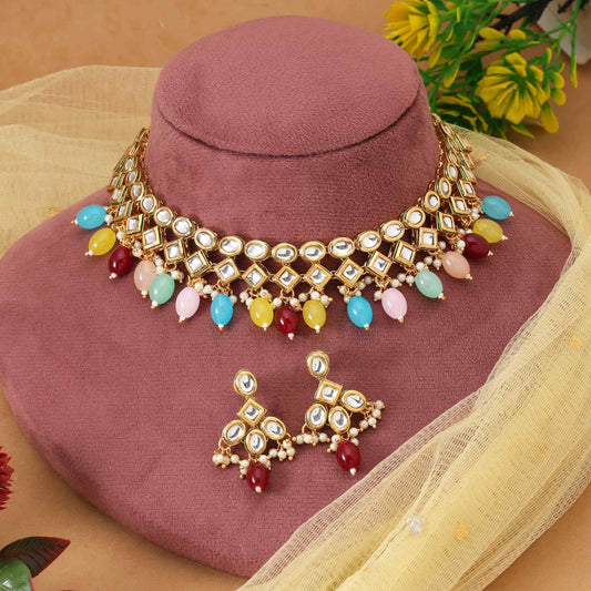 Multi Color Designer Handcrafted Bridal Style Kundan Necklace Set For Weddings And Functions