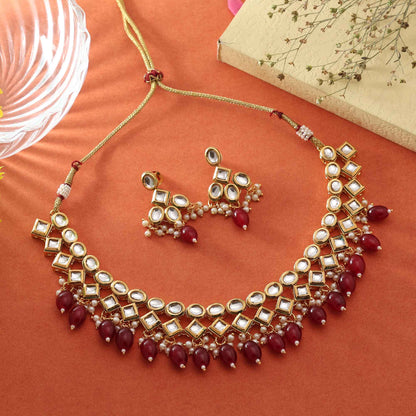 Maroon Color Antique Finish Designer Gold Tone Kundan Necklace Set For Traditional Occasions