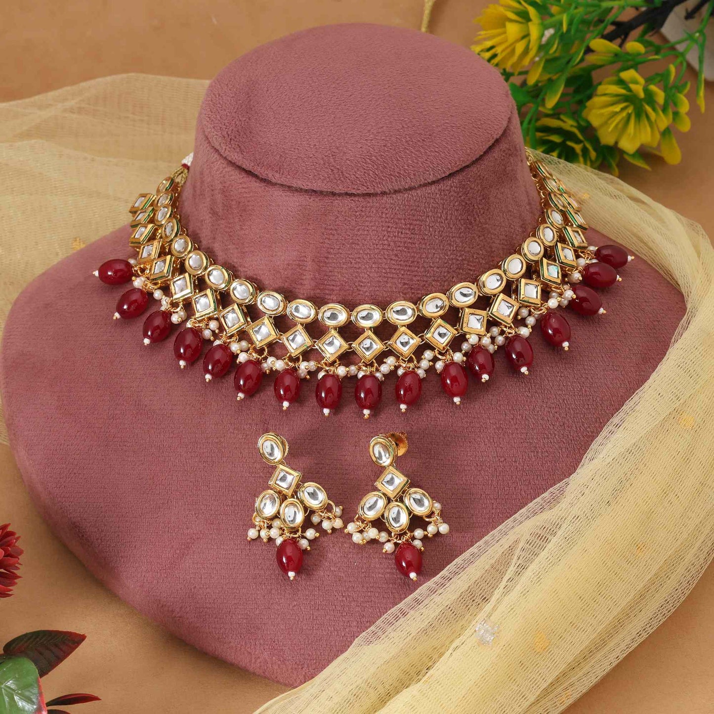 Maroon Color Antique Finish Designer Gold Tone Kundan Necklace Set For Traditional Occasions