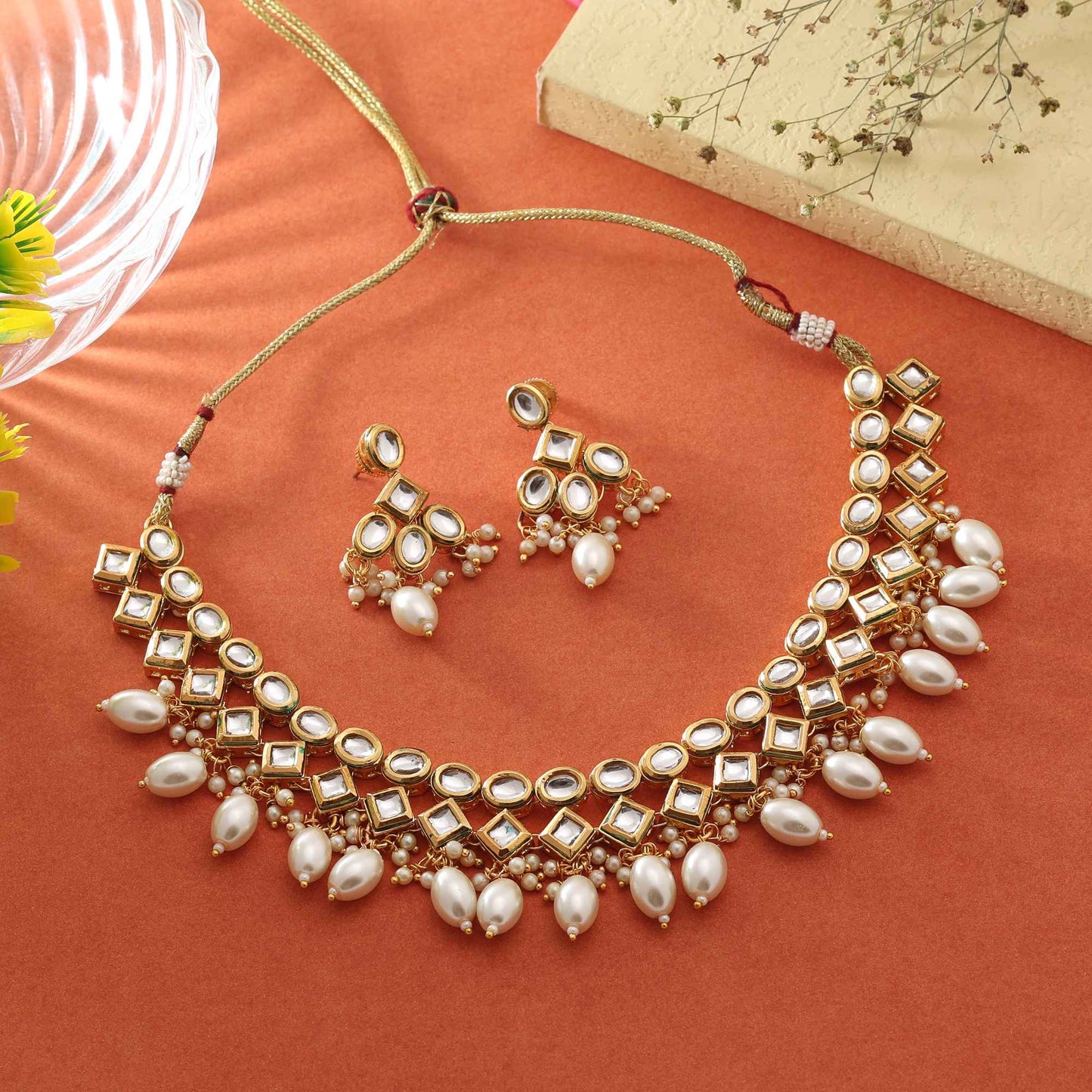 White Color Classic Festive Inspired Elegant Kundan Necklace Set For Brides And Women