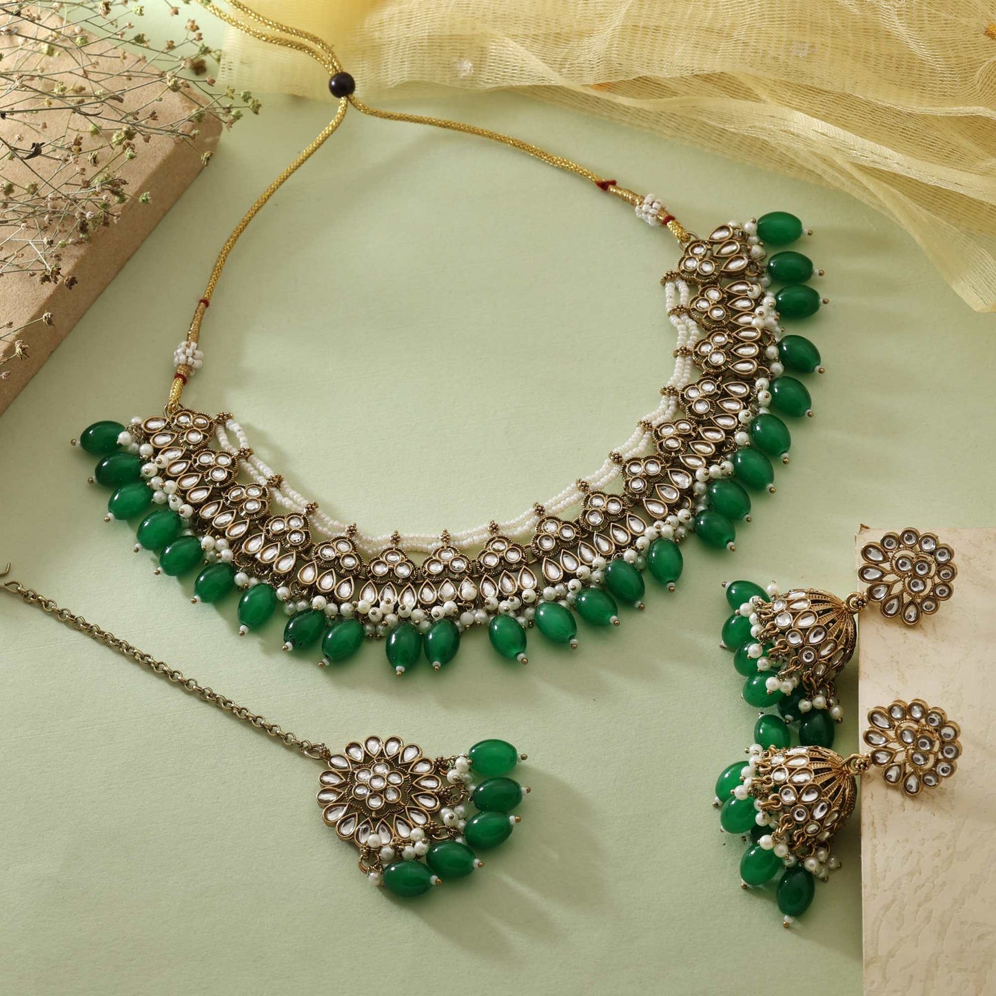 Green Color Polished Royal Look Wedding Wear Kundan Necklace Set For Traditional Outfits