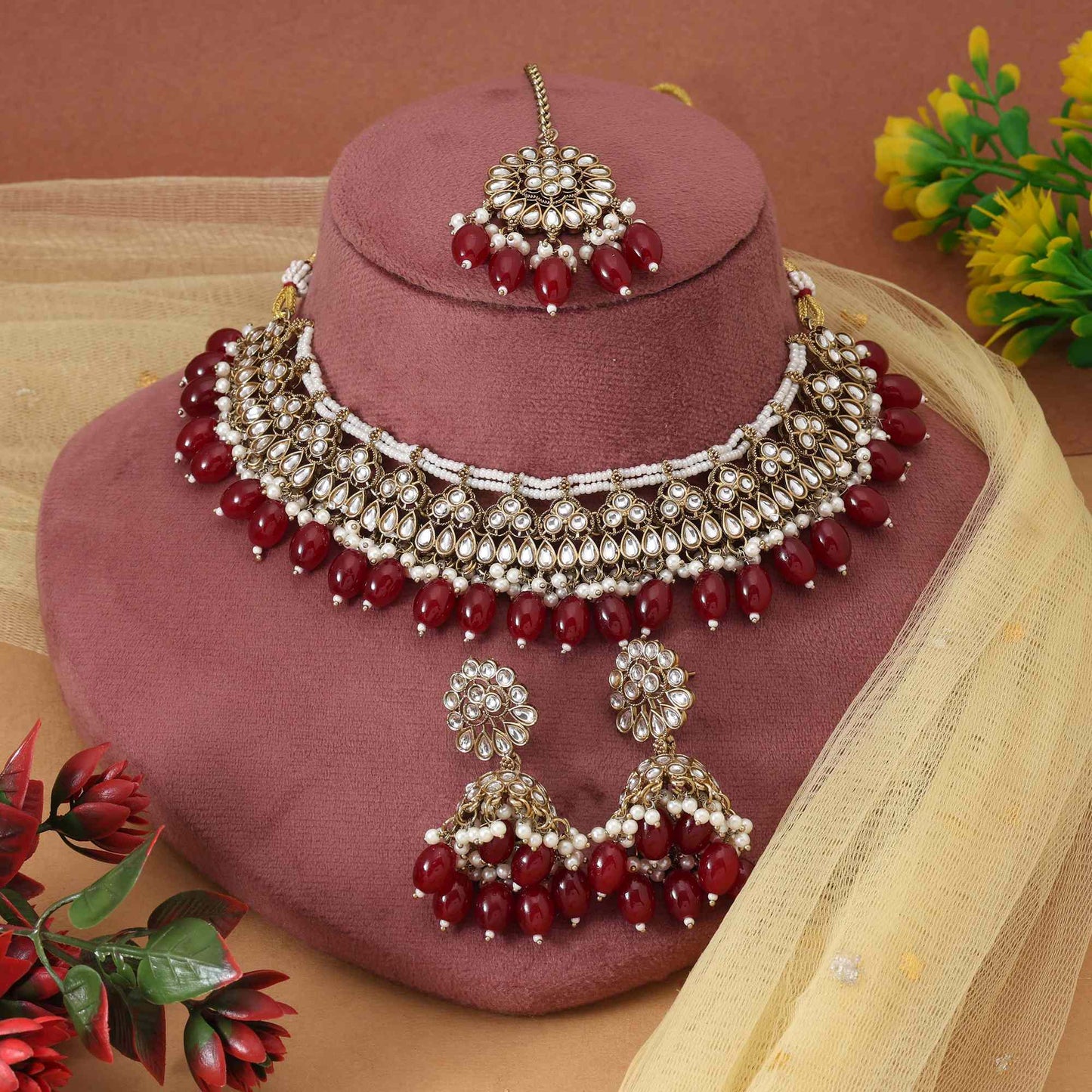 Maroon Color Handcrafted Designer Ethnic Look Kundan Necklace Set For Festive Celebrations
