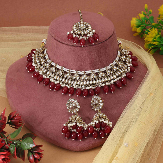 Maroon Color Handcrafted Designer Ethnic Look Kundan Necklace Set For Festive Celebrations