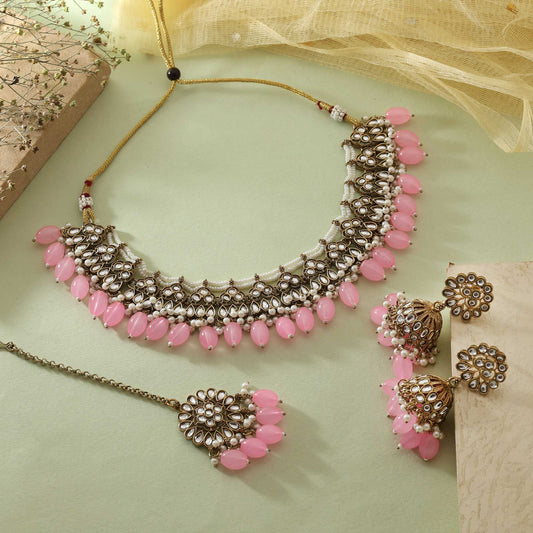 Pink Color Stylish Polished Party Wear Designer Kundan Necklace Set For Elegant Appearance