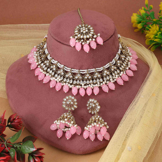 Pink Color Stylish Polished Party Wear Designer Kundan Necklace Set For Elegant Appearance