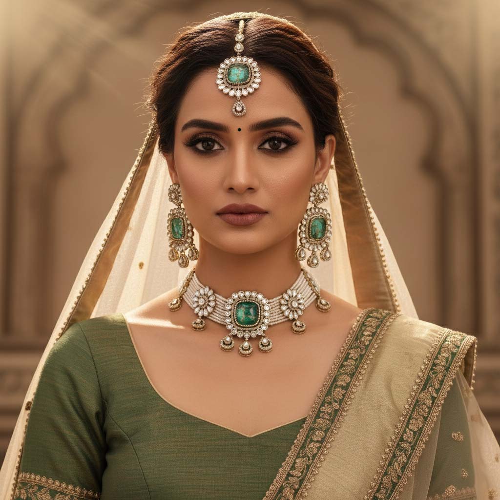 Elegantes grünes Choker-Kundan-Halsketten-Set, gefertigt für zeitlose festliche Schönheit
