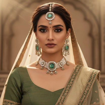 Elegantes grünes Choker-Kundan-Halsketten-Set, gefertigt für zeitlose festliche Schönheit