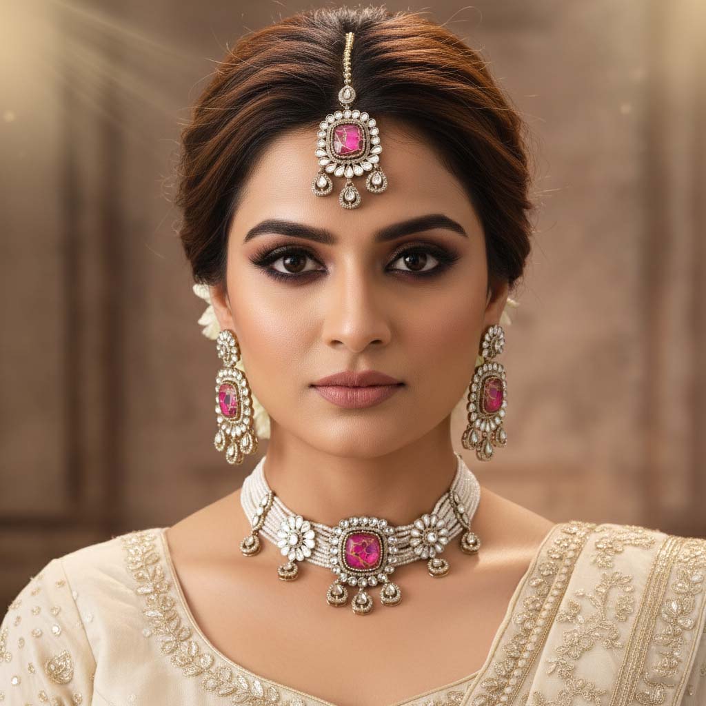Kühner, magentafarbener Choker-Kundan-Halskettensatz, der Ihren besonderen Anlässen Charme verleiht