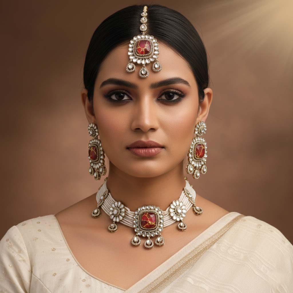 Reichhaltige weinrote Choker-Kundan-Halskette, perfekt für einen luxuriösen Braut-Look