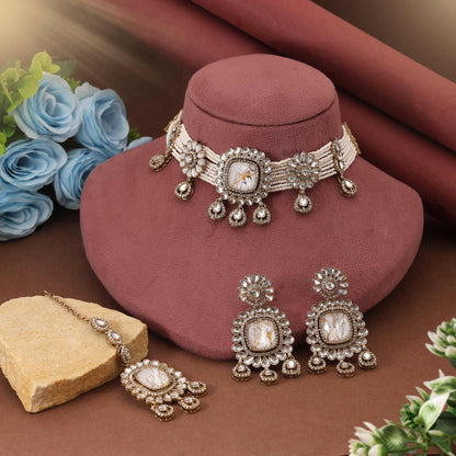 Classic White Color Choker Kundan Necklace Set Ideal For Elegant Ceremonial Moments