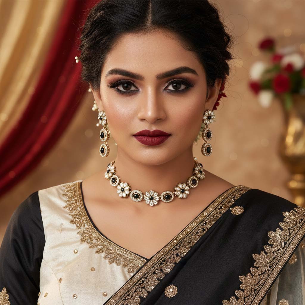 Fett-schwarzes Kundan-Halsketten-Set, das geschaffen wurde, um dramatische und zeitlose Eleganz zu verleihen