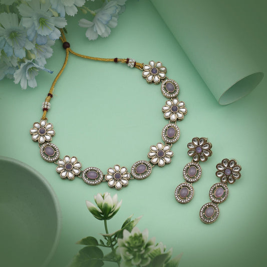 Soft Light Purple Color Kundan Necklace Set Featuring Delicate Details For Graceful Styling