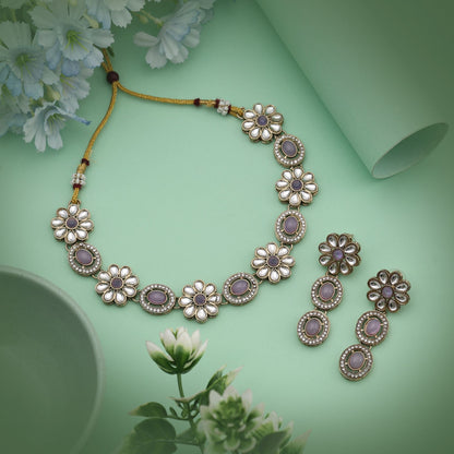 Soft Light Purple Color Kundan Necklace Set Featuring Delicate Details For Graceful Styling