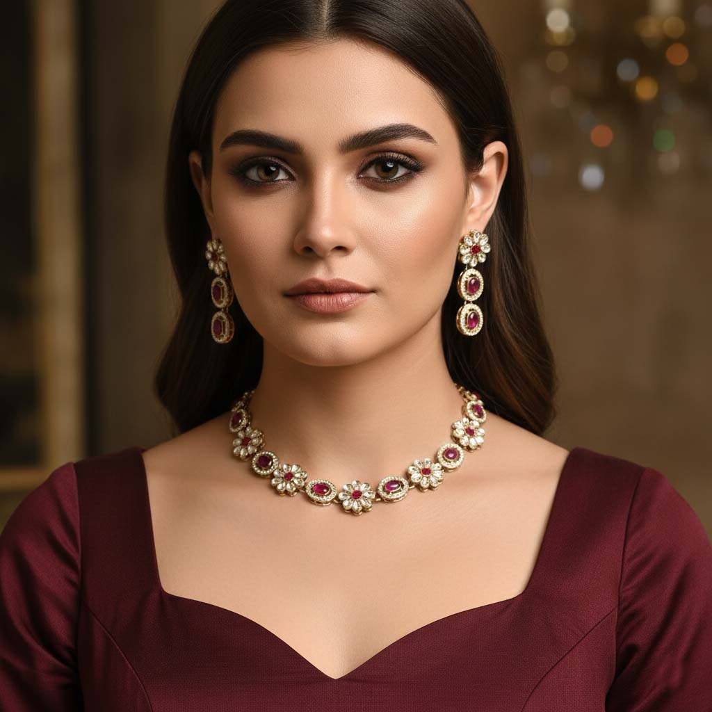 Traditional Maroon Color Kundan Necklace Set Created For Sophisticated Ethnic Fashion Lovers
